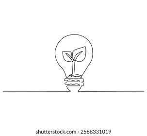 Continuous one line drawing of Lightbulb with leaf inside. Single line drawing illustration of Plant inside Lightbulb. Green energy concept vector art. Doodle line illustration.
