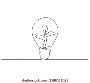Continuous one line drawing of Lightbulb with leaf inside. Single line drawing illustration of Plant inside Lightbulb. Green energy concept vector art. Doodle line illustration.
