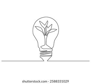 Continuous one line drawing of Lightbulb with leaf inside. Single line drawing illustration of Plant inside Lightbulb. Green energy concept vector art. Doodle line illustration.
