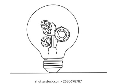 Continuous one line drawing of lightbulb with metal gear wheel inside for machine company logo identity.