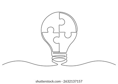 Continuous one line drawing of Lightbulb with Pieces of jigsaw. Single line drawing illustration of Lightbulb jigsaw. Business idea concept vector art. Doodle line illustration.
