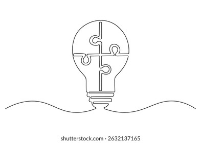 Desenho contínuo de uma linha de lâmpada com peças de quebra-cabeça. Ilustração de desenho de linha única do quebra-cabeça da lâmpada. Ideia de negócio conceito de arte vetorial. Ilustração de linha de doodle.