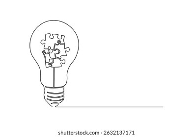 Continuous one line drawing of Lightbulb with Pieces of jigsaw. Single line drawing illustration of Lightbulb jigsaw. Business idea concept vector art. Doodle line illustration.