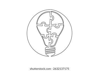 Dibujo continuo de una línea de Lightbulb con piezas de rompecabezas. Ilustración de dibujo de una sola línea de rompecabezas Lightbulb. Arte vectorial de concepto de idea de negocio. Ilustración de línea Doodle.