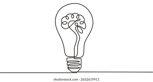 Uma Linha Contínua Desenhando A Lâmpada Ícone Do Cérebro. Ideia Criativa Inovação Pensamento. Conceito Mental.