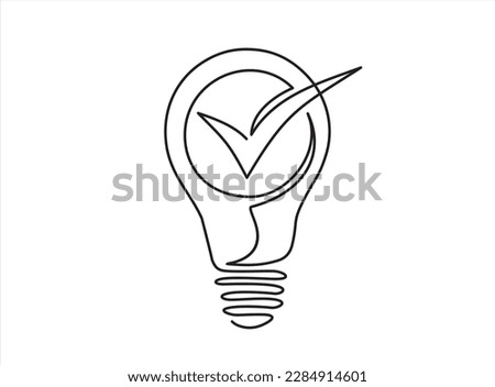 Continuous one line drawing of lightbulb with checkmark like quick tip icon. Simple lineart style trend modern development logotype art design isolated on white. 
