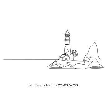 Continuous one line drawing of lighthouse tower. Simple illustration of castle hill tower, sea scape line art vector illustration