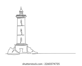 Continuous one line drawing of lighthouse tower. Simple illustration of castle hill tower, sea scape line art vector illustration