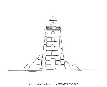 Dibujo continuo de una línea de la torre del faro. Ilustración simple de la torre de la colina del castillo, ilustración vectorial de la línea del paisaje marino