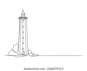 Continuous one line drawing of lighthouse tower. Simple illustration of castle hill tower, sea scape line art vector illustration