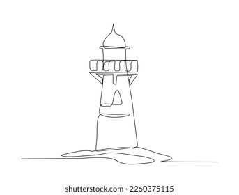 Continuous one line drawing of lighthouse tower. Simple illustration of castle hill tower, sea coast line art vector illustration