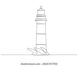 Continuous one line drawing of lighthouse tower on the ocean. One line drawing illustration of lighthouse tower. Searchlight concept continuous line art. Editable outline.