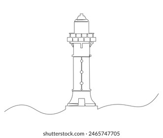 Continuous one line drawing of lighthouse tower on the ocean. One line drawing illustration of lighthouse tower. Searchlight concept continuous line art. Editable outline.