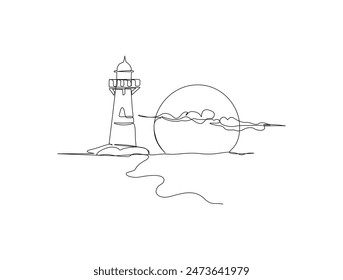 Continuous one line drawing of lighthouse tower with sunset. Simple illustration of castle hill tower, sea scape line art vector illustration