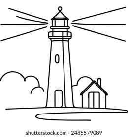 Dibujo continuo de una línea de la torre del faro. Ilustración simple de la torre de la colina del castillo, Ilustración vectorial de arte de la línea costera del mar