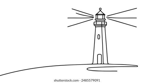 Dibujo continuo de una línea de la torre del faro. Ilustración simple de la torre de la colina del castillo, Ilustración vectorial de arte de la línea costera del mar