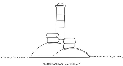 Continuous one line drawing of lighthouse tower. Simple illustration of castle hill tower, sea scape line art vector illustration