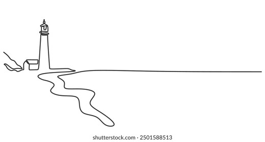 Continuous one line drawing of lighthouse tower. Simple illustration of castle hill tower, sea scape line art vector illustration