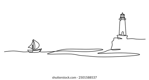 Continuous one line drawing of lighthouse tower with ship. Simple illustration of castle hill tower, sea scape line art vector illustration