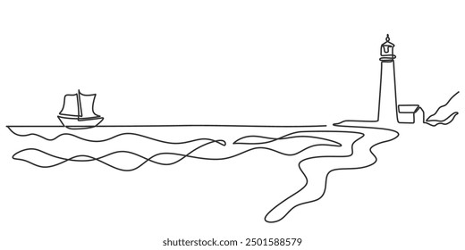 Continuous one line drawing of lighthouse tower with ship. Simple illustration of castle hill tower, sea scape line art vector illustration