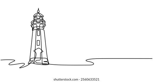Continuous one line drawing of lighthouse tower.Vector illustration, Continuous one line drawing of lighthouse tower on the ocean. One line drawing illustration of lighthouse tower. Searchlight pro.
