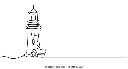 Continuous one line drawing of lighthouse tower.Vector illustration, Continuous one line drawing of lighthouse tower on the ocean. One line drawing illustration of lighthouse tower. Searchlight pro.