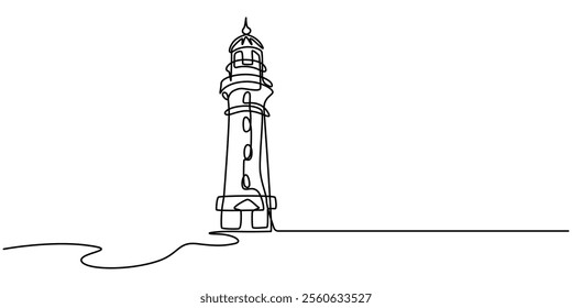 Continuous one line drawing of lighthouse tower.Vector illustration, Continuous one line drawing of lighthouse tower on the ocean. One line drawing illustration of lighthouse tower. Searchlight pro.