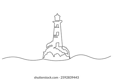 Continuous one line drawing of lighthouse tower. Single line drawing illustration of lighthouse tower on the ocean landscape. Seascape concept vector art. Doodle line illustration.