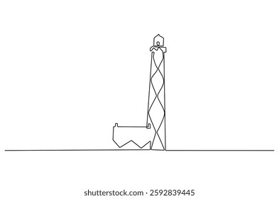 Continuous one line drawing of lighthouse tower. Single line drawing illustration of lighthouse tower on the ocean landscape. Seascape concept vector art. Doodle line illustration.