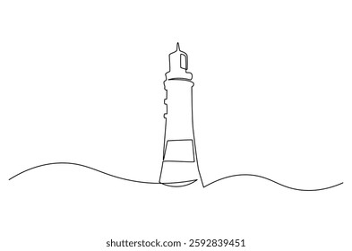 Continuous one line drawing of lighthouse tower. Single line drawing illustration of lighthouse tower on the ocean landscape. Seascape concept vector art. Doodle line illustration.