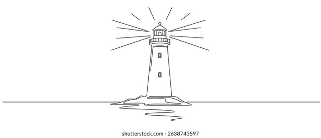 Continuous one line drawing of lighthouse tower. Simple illustration of castle hill tower, sea coast line art vector illustration Editable stroke