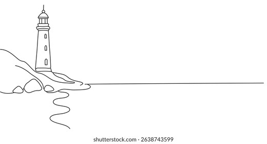 Continuous one line drawing of lighthouse tower. Simple illustration of castle hill tower, sea coast line art vector illustration Editable stroke