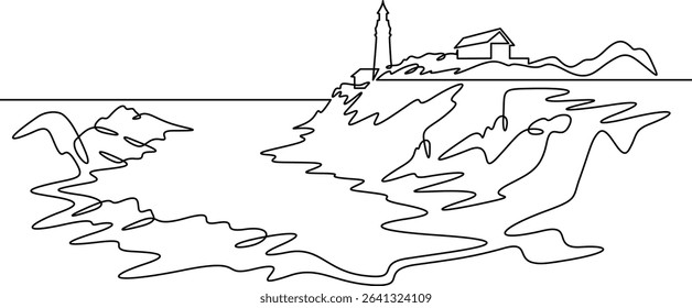 Continuous one line drawing lighthouse on a rocky cliff. Lighthouse on the seashore.One continuous line isolated minimal illustration.Not AI.