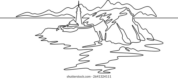 Continuous one line drawing lighthouse on a rocky cliff. Lighthouse on the seashore.One continuous line isolated minimal illustration.Not AI.
