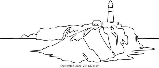 Continuous one line drawing lighthouse on a rocky cliff. Lighthouse on the seashore.One continuous line isolated minimal illustration.Not AI.