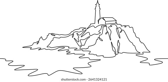 Continuous one line drawing lighthouse on a rocky cliff. Lighthouse on the seashore.One continuous line isolated minimal illustration.Not AI.