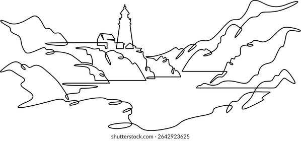 Continuous one line drawing lighthouse on a rocky cliff. Lighthouse on the seashore.One continuous line isolated minimal illustration.Not AI.