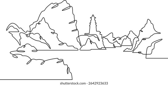 Continuous one line drawing lighthouse on a rocky cliff. Lighthouse on the seashore.One continuous line isolated minimal illustration.Not AI.