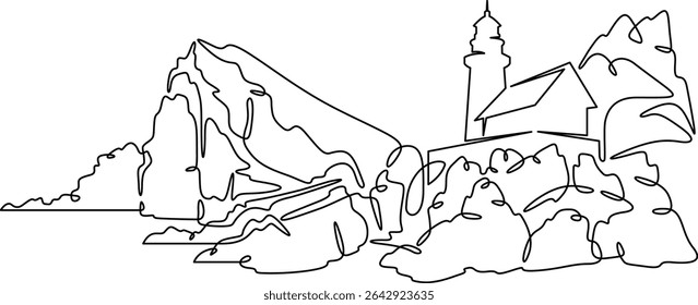 Continuous one line drawing lighthouse on a rocky cliff. Lighthouse on the seashore.One continuous line isolated minimal illustration.Not AI.