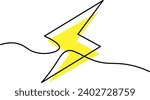 Continuous one line drawing lightning strike icon. Yellow lightning. Line art. Power electricity logo. Thunder bolt. Battery charger. Lightning bolt outline. Hand drawn. Vector illustration.