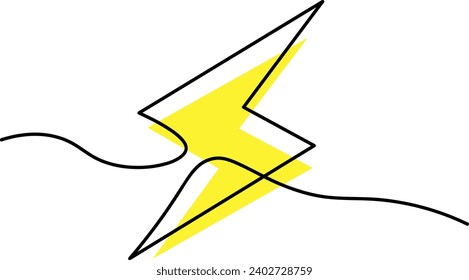 Continuous one line drawing lightning strike icon. Yellow lightning. Line art. Power electricity logo. Thunder bolt. Battery charger. Lightning bolt outline. Hand drawn. Vector illustration.