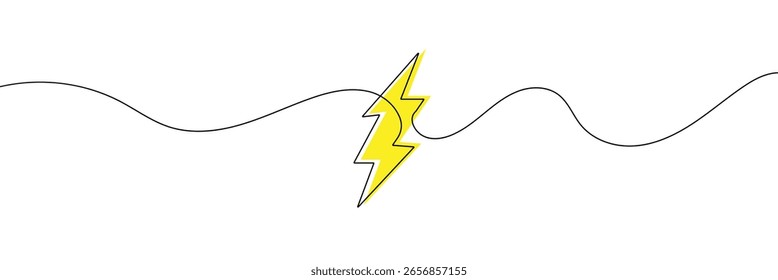  Continuous one line drawing lightning strike icon. Yellow lightning. Line art. Power electricity logo. Thunder bolt. Battery charger. Lightning bolt outline. Hand drawn. Vector illustration. EPS 10 .