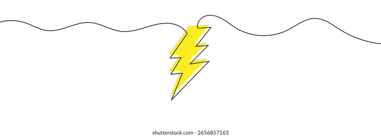  Continuous one line drawing lightning strike icon. Yellow lightning. Line art. Power electricity logo. Thunder bolt. Battery charger. Lightning bolt outline. Hand drawn. Vector illustration. EPS 10 .