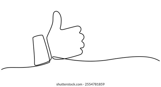 Continuous one line drawing of like hand showing thumb up. Vector illustration, Minimalist vector illustration representing a thumb up, a symbol of approval, drawn with one continuous line, pro vector