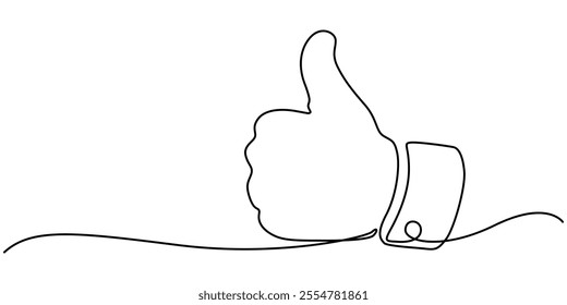 Continuous one line drawing of like hand showing thumb up. Vector illustration, Minimalist vector illustration representing a thumb up, a symbol of approval, drawn with one continuous line, pro vector