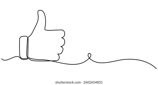 Continuous one line drawing of like hand showing thumb up. Vector illustration, One line drawing of hand showing great sign. Continuous line finger up. Hand-drawn vector illustration of linear like.