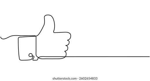 Continuous one line drawing of like hand showing thumb up. Vector illustration, One line drawing of hand showing great sign. Continuous line finger up. Hand-drawn vector illustration of linear like.