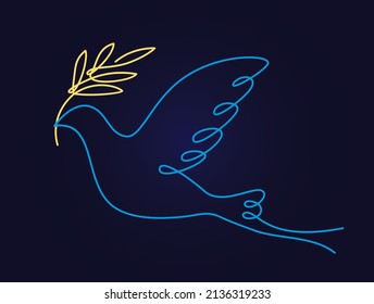Continuous One Line Drawing.
A linear dove with a branch in the colors of the Ukrainian flag. Stop the war in Ukraine. A symbol of peace.Vector illustration