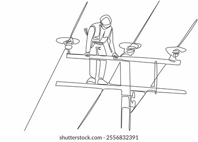 Continuous one line drawing lineman standing on top of electric pole and repairing electric cable. Full dedication. National Lineman Appreciation Day. Single line draw design vector illustration