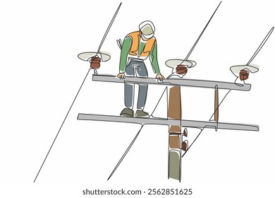 Continuous one line drawing lineman standing on top of electric pole and repairing electric cable. Full dedication. National Lineman Appreciation Day. Single line draw design vector illustration